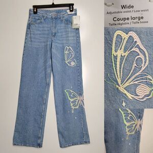 NEW BOHO EMBROIDERED BUTTERFLY LONG TALL WIDE JEANS ADJUSTABLE 26 32 20 H&M NWT